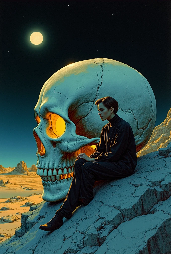   woman sitting on the side of a luminous skull、 Skulls are the only light source、Dark Desert 、Moebiusの絵にインスパイアされたエッチング, hieronymus bosch and Moebius,  Jean Girard and Waterhouse , ( Moebius ), inspired by jean Moebius giraud, in the stlye of Moebius, by jean Moebius giraud, 