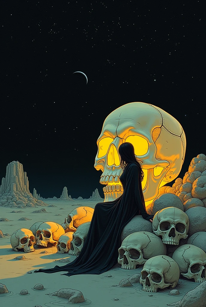   woman sitting on the side of a luminous skull、 Skulls are the only light source、Dark Desert 、Moebiusの絵にインスパイアされたエッチング, hieronymus bosch and Moebius,  Jean Girard and Waterhouse , ( Moebius ), inspired by jean Moebius giraud, in the stlye of Moebius, by jean Moebius giraud, 