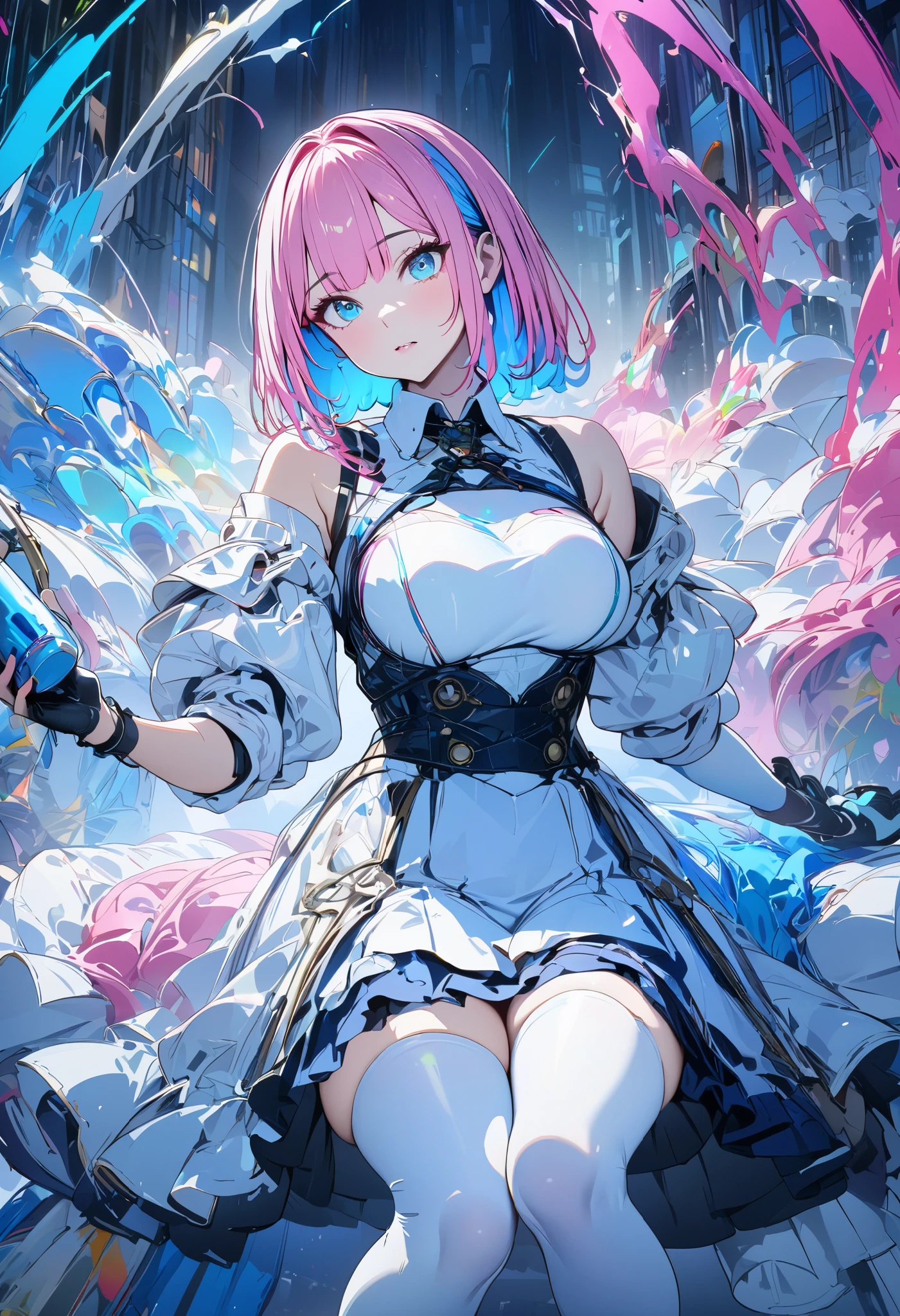 (masterpiece,  best quality :1.2,UHD,High Resolution,Detailed depiction)、 one sexy adult girl a little further away holding color spray、 pink hair colored bob cut beautiful blue inner color 、 is sitting、 white jump suit stained with paint、 wearing a skirt 、 wearing white knee-highs、 paint gun that increases the luminosity、 the city is steampunk and stained with colorful paint、 Dynamic Lighting、I have a 、Intensify the color