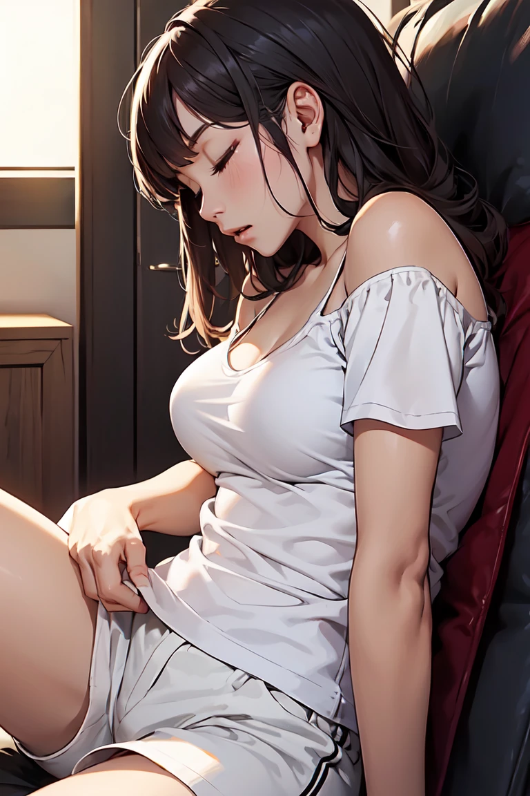  A petite woman is sleeping a lot、 eyes closed 、   open your mouth、profile、 white camisole  、  white shorts