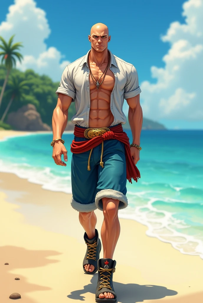 A strong European man, mature, muscular, long beard, 1boy, walking on a golden beach, the sea is blue, the sky is clean and beautiful, the sun is blazing, there are several coconut trees on the shore, a few coconuts have fallen on the ground, wearing flower pants (beach pants), wearing a hat woven with rice ears, wearing a pair of sunglasses, a colorful shirt (unfastening the shirt to expose the chest and abdomen), long blonde hair, blue eyes, high nose, muscular, flip-flops (bare feet) on the feet, 4k, thick muscle,daddy,rich Particle light effects,Ray tracing,Volumetric light and shadow,Hairy,Ultra-high resolution,Rich background,large breasts,musclar,realistic,photo,Full body shot ,