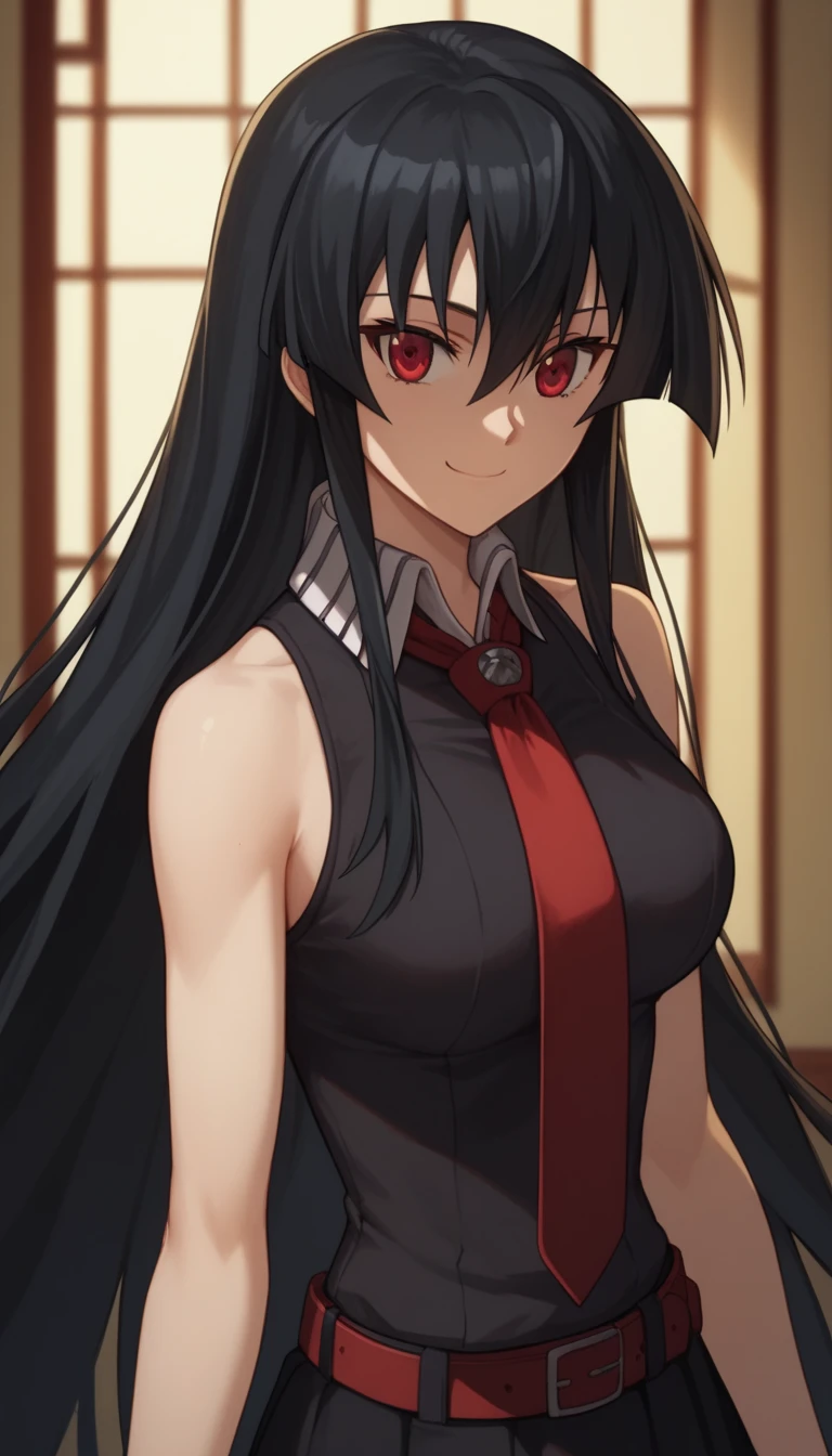 1girl,solo,akame, long hair, black hair, red eyes, hair between eyes, skirt, dress, necktie, sleeveless, belt, shirt, black shirt, collared shirt, red necktie, black skirt,smile face,centered shoulders up view, upper body visible,upper torso,upper body portrait , top half of body