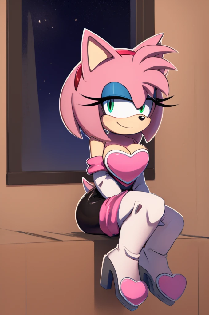 Score_9, score_8_up, 2D, flat color, looking at viewer, (1girl), (solo), very detailed, extremely detailed, Amy Rose from the sonic the hedgehog series, portrait, smile, looking at viewers, hair down, hair bangs, large bust, milf, Rouge cosplay, cosplay, Rouge outfit, she wears a black skin-tight and strapless low-cut jumpsuit, a pink heart-shaped chest plate outlined with thin white trim, elbow-length white gloves and thigh-high high-heeled boots with pink cuffs to match them, with the latter featuring both gray soles and heels, along with steel toes in the appearance of pink hearts, sitting on a green chair with her legs crossed, over by a window near to a big moonlight
