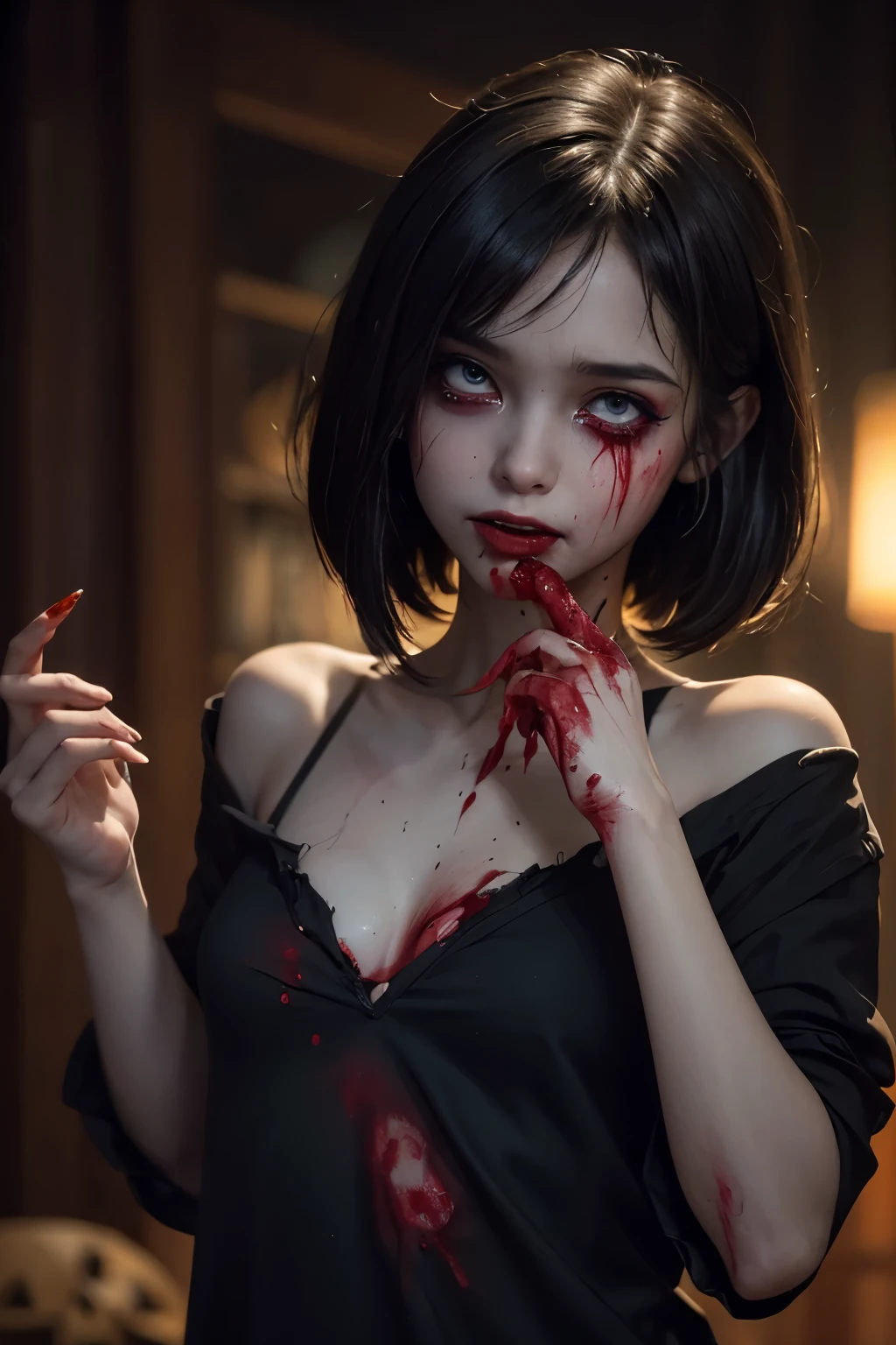 Highest quality, masterpiece, look up, cute,(Horror),(((Beautiful zombie girl))),Dead,Trying to bite,(((Bleeding,Injured))),(((Shedding tears of blood))),((口からBleeding)),((Covered in blood)),((Bitten all over the body)),((Sexy)),(sexy),((Small breasts)),Baby Face,(Middle school students),Black Hair,((Masturbation)),(((Blowjob))),(((Sex,sexual behavior))),Beautiful Style,(Lower body exposed),((Pale skin)),Sensual look,Embarrassed,Sexy表情,Expressions of delight,(Dark atmosphere),(Dark atmosphere,fear),((Dim lighting))