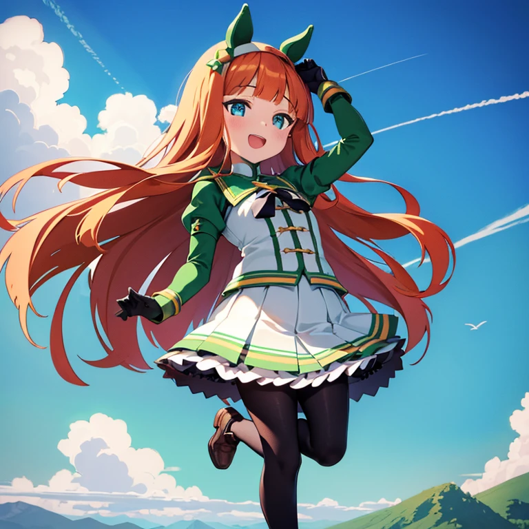  green hill with big mountains in sight、noon、Highest quality, High resolution, Detailed Background, Beautiful face in every detail, Anatomically correct, Detailed facial expressions, fine grain, ((full body)), ((One Girl:1.5)), ((Chibi Girl:1.2)), silencesuzuka, horse girl, orange hair, horse ears, horse tail, ear covers, puffy sleeves, short over long sleeves, black gloves, white skirt, black pantyhose, small breasts、smile、Open your mouth、 has red cheeks、Looking up from below