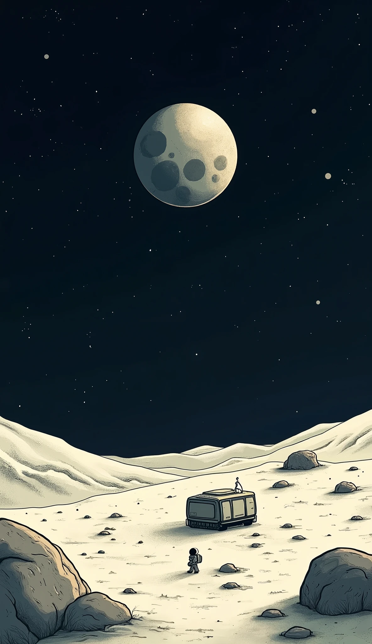 base lunar:1.5,  style drawing a small moon in the middle of space with a small astronaut base, colorful image, happy,  drawing style by illustrator Benjamin Lacombe