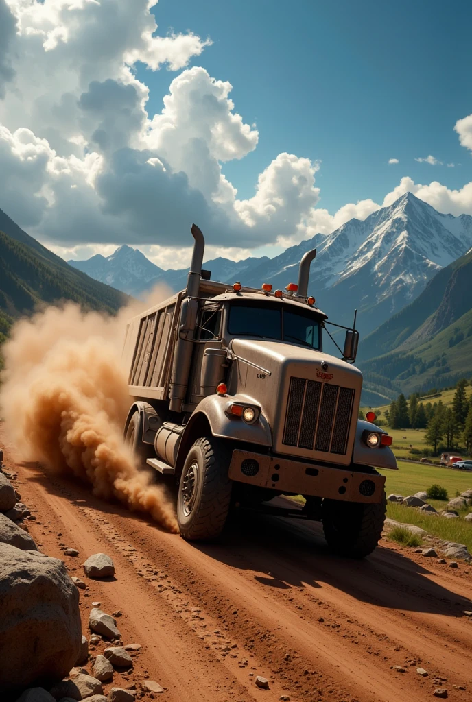 a breathtaking, photorealistic 8K image of a heavy machinery truck participating in a thrilling rally race through a stunning landscape. Inspired by the dynamic style of automotive photographers like Larry Chen and the grand natural scenery of Ansel Adams, the scene should capture the raw power and speed of the truck against the beauty of nature. The truck, rugged and imposing, kicks up dust and debris, with visible tire tracks cutting through the dirt road. The environment around the truck must be heavily impacted by its presence, with dust clouds swirling and rocks flying from beneath its massive tires.

The landscape surrounding the truck features rolling hills, lush green fields, and distant mountains under a bright blue sky. Sunlight filters through the dust, creating beams of light that add depth and intensity to the scene. The movement of the truck should be emphasized with blurred motion lines from the spinning wheels and dust trails, contrasting with the sharp details of the truck’s massive structure.

Use a Canon EOS R5 with a Canon RF 70-200mm f/2.8L lens to capture every intricate detail of the scene, from the rugged textures of the truck’s body to the fine particles of dust in the air. The camera angle should be slightly low and to the side, giving the viewer a close-up action shot that highlights the truck’s power while still framing the expansive landscape in the background. The image should evoke a sense of adrenaline and motion, blending the raw intensity of the race with the serene beauty of the natural world.