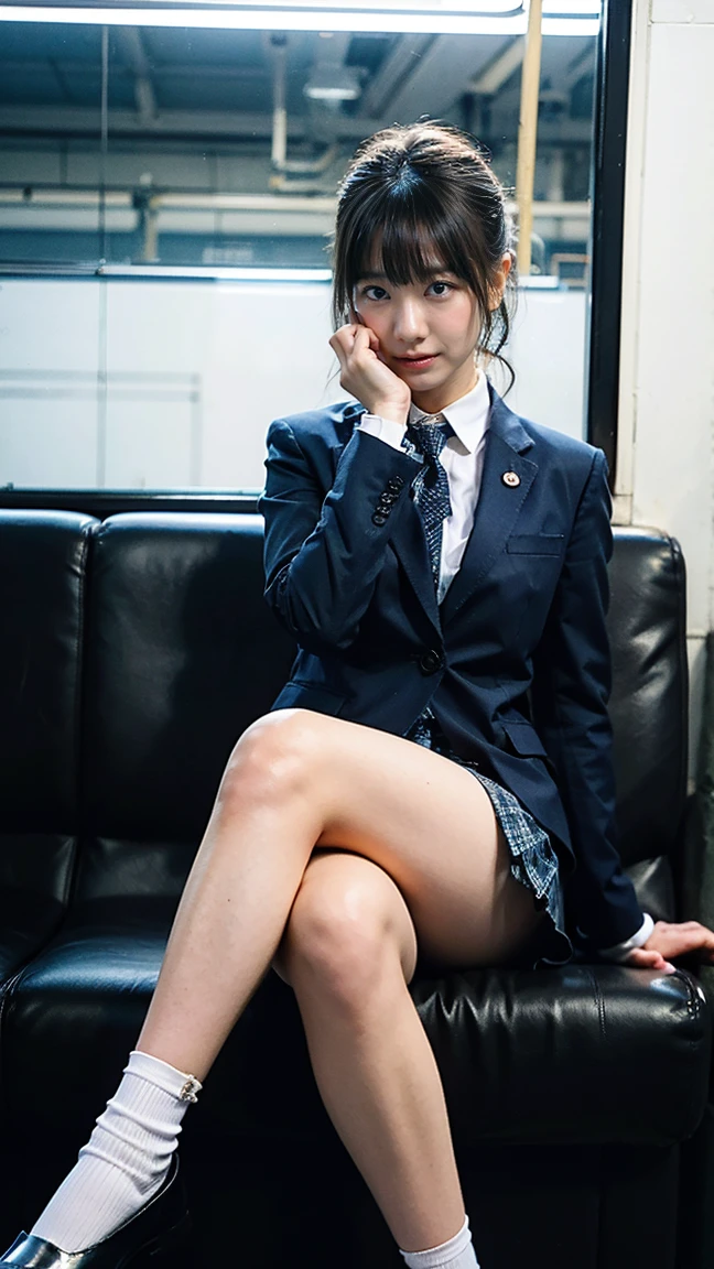 Masterpiece, High Resolution, Ultra High Resolution, 4K, Black bob Hair, bangs, Japanese Girl, Black Check Mini Skirt, High School Uniform, blazer, Navy Socks, loafers, Highlighted Thighs, White Thighs, Soft Thighs, Shiny Thighs, Sitting on Train, Face to Face Angle, Angle from Below, Sitting on Train Seat, Sitting in Front, Camera Zoom to Hip Joint, Feet on Train Floor, Full Body, Looking Down and Sleepy, Looking Only at the Viewer, Top Quality, Ultra High Resolution, Photorealistic, High Resolution, Detailed, Raw Photo, Sharp, Nikon Film Stock Photo, Lens Rich Colors, Ultra Realistic and Lifelike Textures, Dramatic Lighting, Unreal Engine, Moles