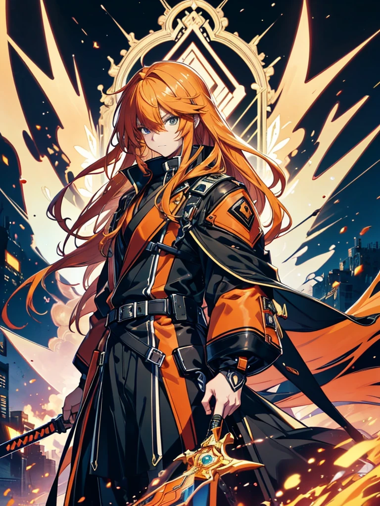 GUILTY GEAR, {{{{{Illustration of a person}}}}, {{{ orange battle coat}}}, Orange and black outfit ,  long brand hair,  straight hair ,  long bangs  ,  close your mouth and laugh , ４０age,  handsome, Narrow green eyes ,  Official Art、  best quality、  Unity 8K Wallpaper 、32K、masterpiece、 super detailed, Male nose, Male Eyes  , Male outline  , {{{ carrying a large red sword }}}, Fighting in the old battlefield ,  acrobatic poses,