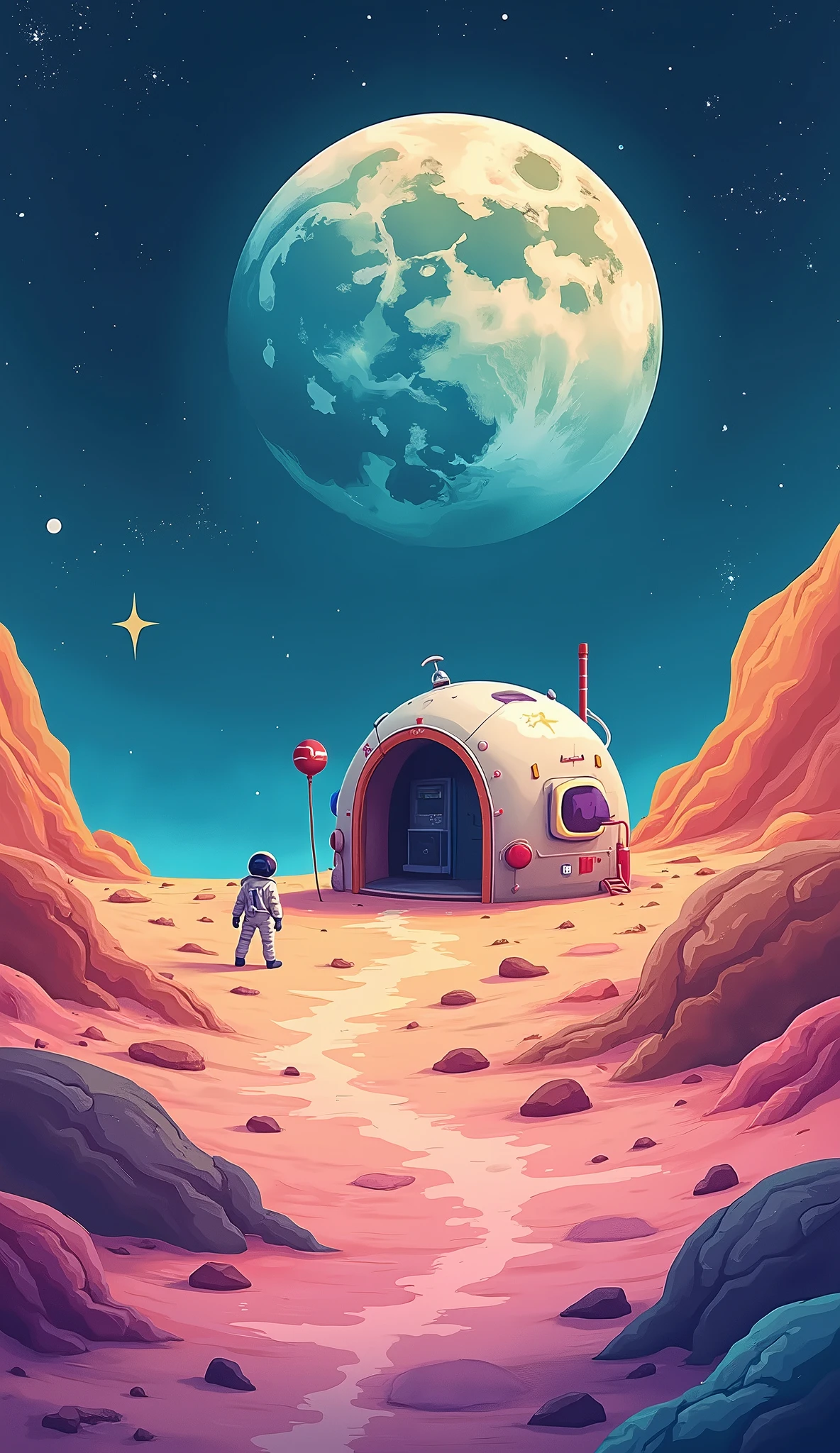 base lunar:1.5,  style drawing a small moon in the middle of space with a small astronaut base, colorful image, happy,  drawing style by illustrator Benjamin Lacombe