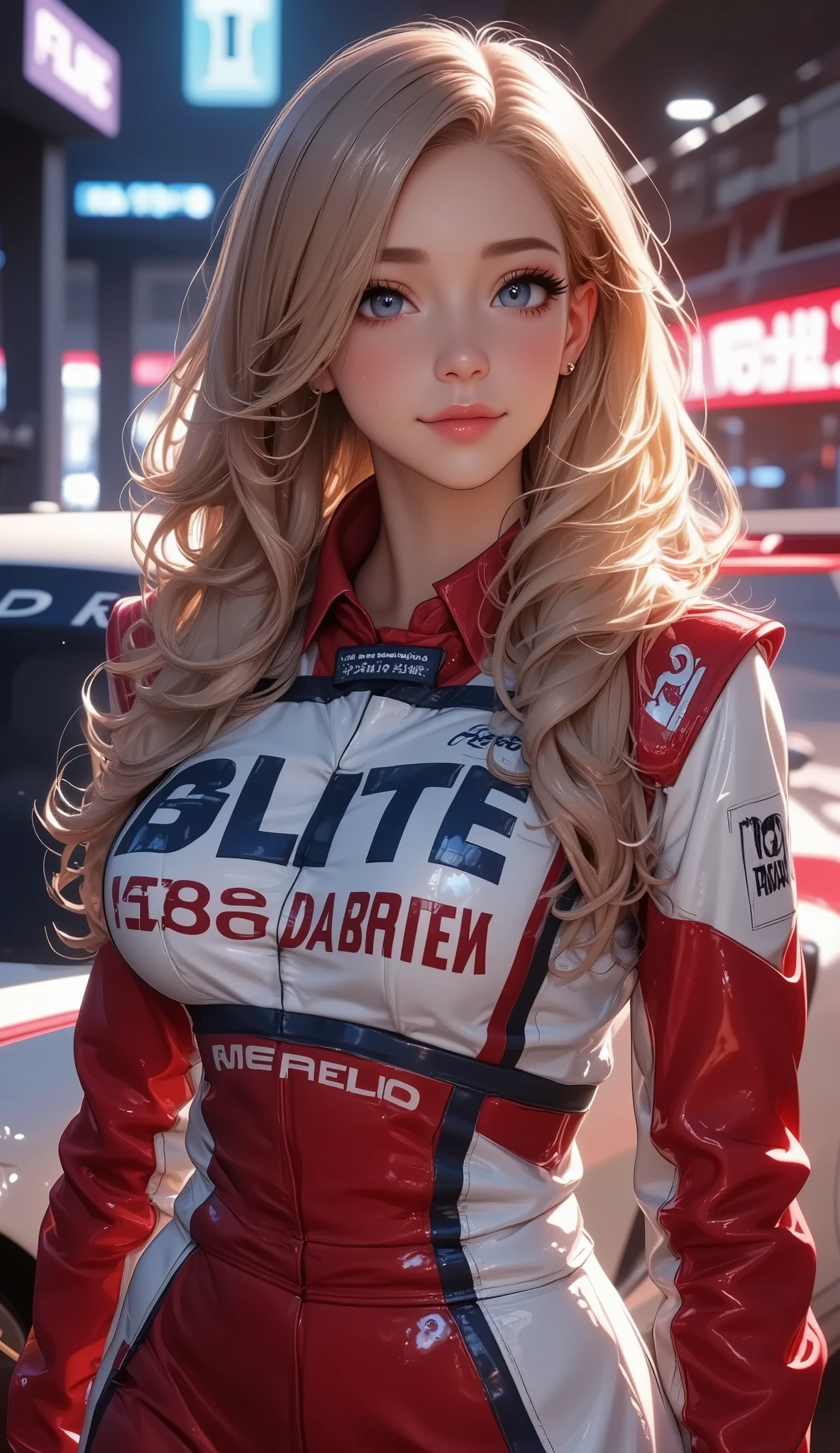 Sim Racing Female Avatar A close up of a woman in a racing outfit standing next to a car - SeaArt AI