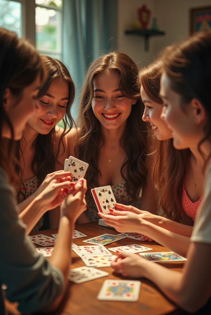 realistic photo, detailed photo, 4 young women sit on the round table and play the monster card game, monster card game:1.5 , gambling, worst consequence in lose, card in hands