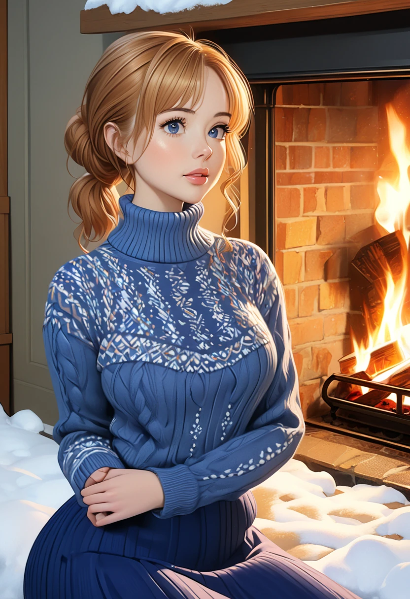 A Nubile, Sultry And Alluring needy Woman Who Is Stting In Front Of A Stone Fireplace Wearing A Tight Cozy Navy Blue Knitted Sweater. B-Cup. cleavage. cute pose. A Cute Skirt With Leggings The Scene Is Cosy And Hygge. Snowing Outside. The Medium Used To Depict This Artwork Is Oil Painting, Ensuring A High-Quality And Detailed Result. The Painting Style Is Realistic And Photorealistic, With Vivid Colors And Sharp Focus. The Overall Lighting Is Well-Balanced, Illuminating The Scene Beautifully. Stunningly beautiful merge of Anna Popplewell Ana De Armas Traylor Howard, Karen Gillan and Molly Quinn. symmetrical face, photorealistic, photography, path tracing
