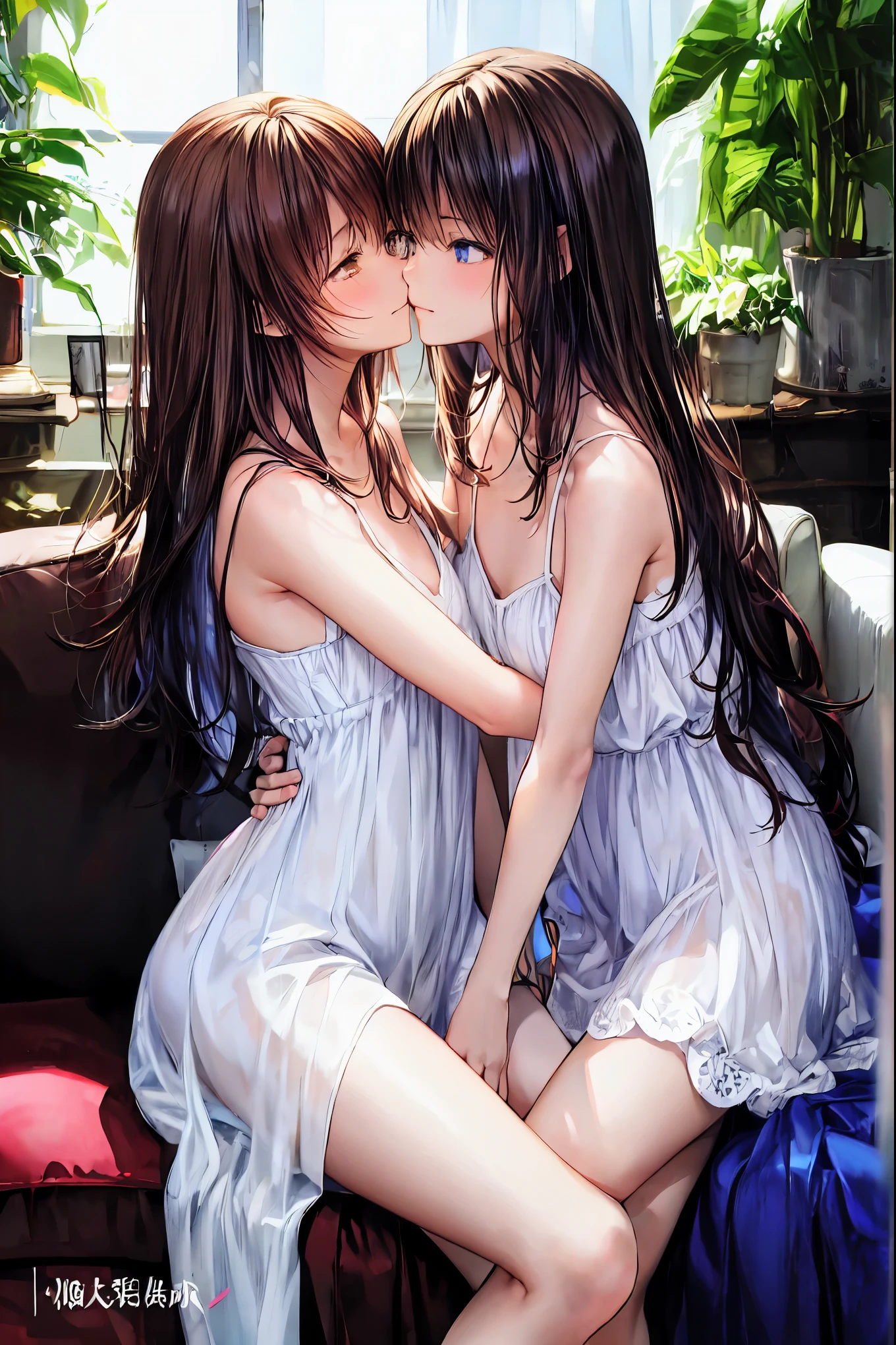 ultra-detailliert, Best Quality, High resolution, ((two cute girls with black hair)), Pretty eyes、Sareme、Looking at Viewer, pale skin, Petite、（negligee）（I'm not wearing panties）、(flat chest), (Glasses), (blush:1.2), eyes are big and blue, An embarrassed smile, NSFW,　Focus on the face、a bed、Long hair,