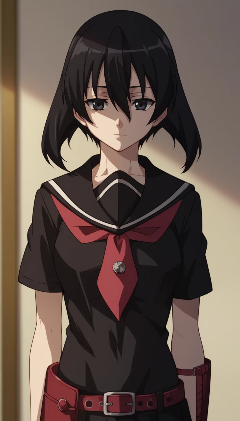 1girl,solo,kurome, short hair, black hair, black eyes, hair between eyes,skirt, school uniform, serafuku, belt, black serafuku, short sleeves, belt, black skirt, neckerchief, red neckerchief,centered shoulders up view, upper body visible,upper torso,upper body portrait , top half of body