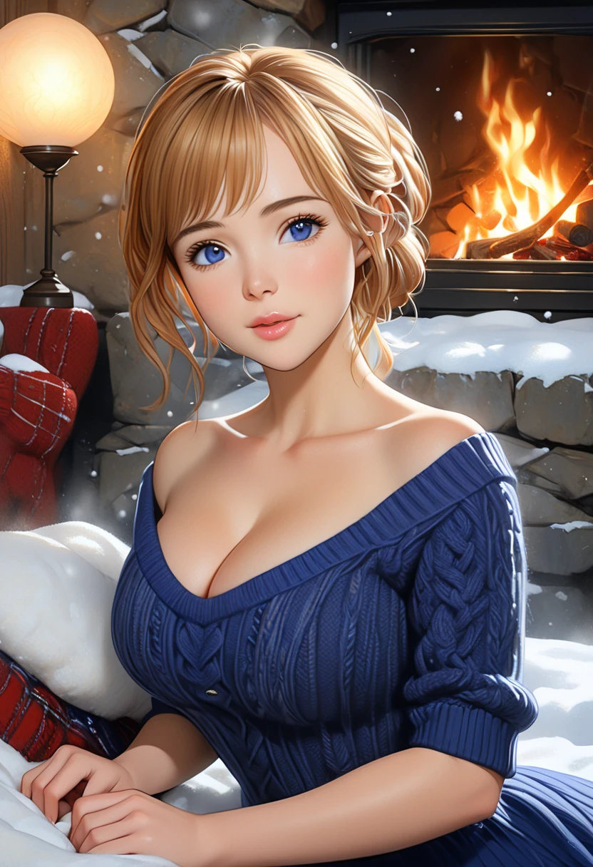 A Nubile, Sultry And Alluring needy Woman Who Is Stting In Front Of A Stone Fireplace Wearing A Tight Cozy Navy Blue Knitted Sweater. B-Cup. cleavage. cute pose. A Cute Skirt With Leggings The Scene Is Cosy And Hygge. Snowing Outside. The Medium Used To Depict This Artwork Is Oil Painting, Ensuring A High-Quality And Detailed Result. The Painting Style Is Realistic And Photorealistic, With Vivid Colors And Sharp Focus. The Overall Lighting Is Well-Balanced, Illuminating The Scene Beautifully. Stunningly beautiful merge of Anna Popplewell Ana De Armas Traylor Howard and Molly Quinn. symmetrical face, photorealistic, photography, path tracing
