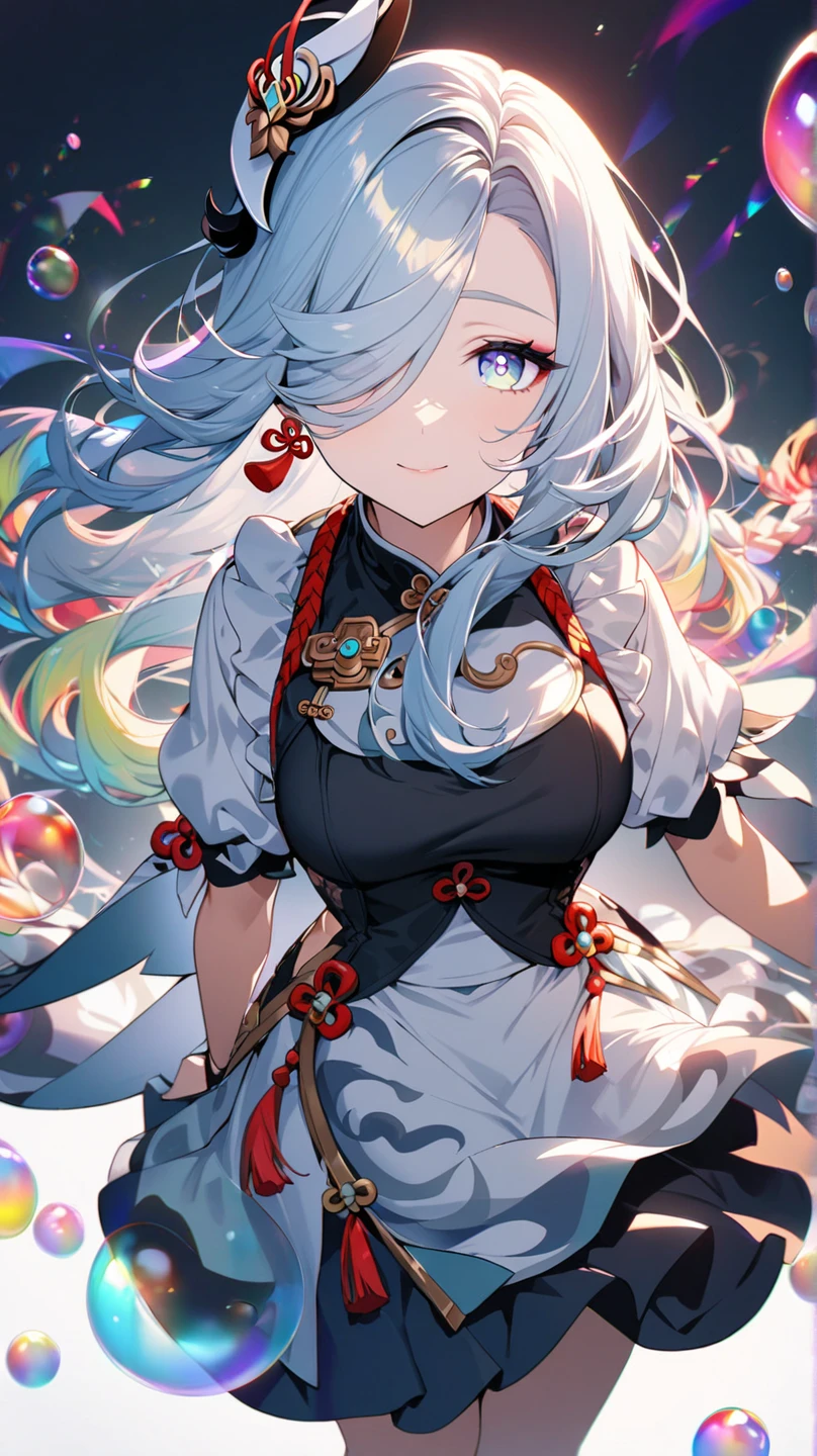 (beautiful woman, wavy hair, Silver hair), smiling lightly, big breasts, cleavage, (kimono:1.4, antique pattern, ruffles:1.2), (antique design), short boots,Full Body、 antique background, simple background, (top quality, masterpiece, high resolution,detailed),animated style,flat style,(eyes shining iridescent colors illuminated light,detailed beautiful face), BREAK,extremely detailed,high saturation,floating,dynamic angles,animated
