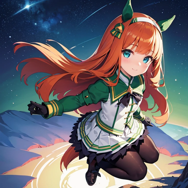  green hill with big mountains in sight、night、 starry sky 、Highest quality, High resolution, Detailed Background, Beautiful face in every detail, Anatomically correct, Detailed facial expressions, fine grain, ((full body)), ((One Girl:1.5)), ((Chibi Girl:1.2)), silencesuzuka, horse girl, orange hair, horse ears, horse tail, ear covers, puffy sleeves, short over long sleeves, black gloves, white skirt, black pantyhose, small breasts、smile、 has red cheeks、Looking up from below