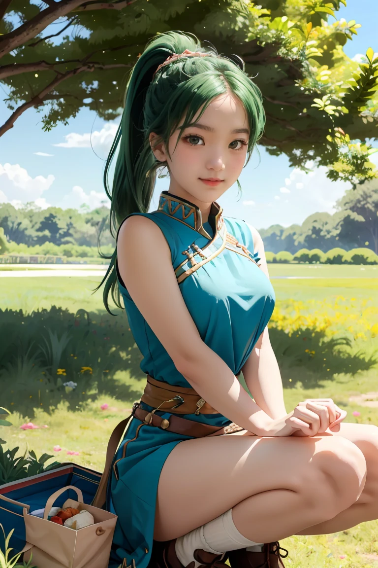 (masterpiece, best quality),  intricate details,
1girl,   lyn_(fire_emblem), 1girl, solo, ((green hair)), long hair, green eyes, high ponytail, blue dress, large breast, jewelry, fingerless gloves. hair ornament, lyn_(fire_emblem),
I am seated confidently with my arms around my knees in a sunny meadow, enjoying a picnic. Under the shade of a tree, I savor a delicious lunch from plates, fully embracing the moment's happiness.