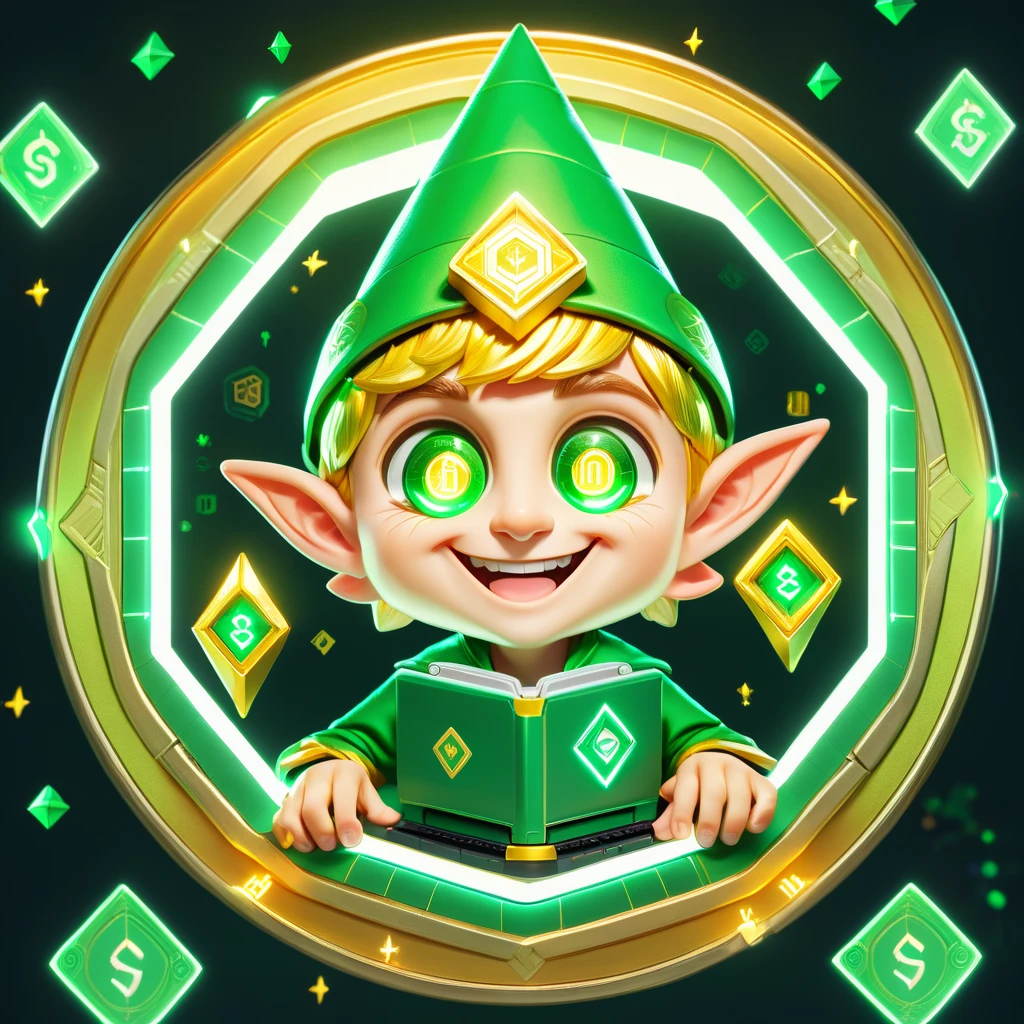 An imaginative cryptocurrency meme coin called ‘Elf Coin,’ inspired by Solana blockchain aesthetics. The image features a playful and mischievous elf character with a green and gold theme, sitting in front of a modern computer screen displaying a trading chart that is sharply spiking upwards. The elf looks excited, with wide eyes and a cheerful grin, clutching a shiny coin engraved with a Solana logo and the text ‘Elf Coin.’ The computer setup is surrounded by whimsical elements like glowing Solana logos and small magical sparks, blending the magical and tech-savvy themes. Text bubbles like ‘Pump it up!’ and ‘The magic of DeFi!’ add a meme-worthy flair to the scene.