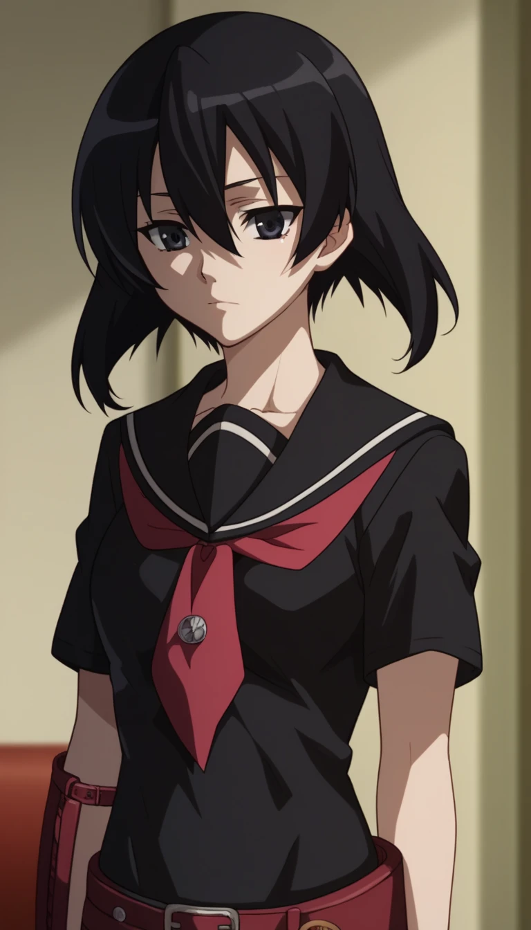 1girl,solo,kurome, short hair, black hair, black eyes, hair between eyes,skirt, school uniform, serafuku, belt, black serafuku, short sleeves, belt, black skirt, neckerchief, red neckerchief,centered shoulders up view, upper body visible,upper torso,upper body portrait , top half of body