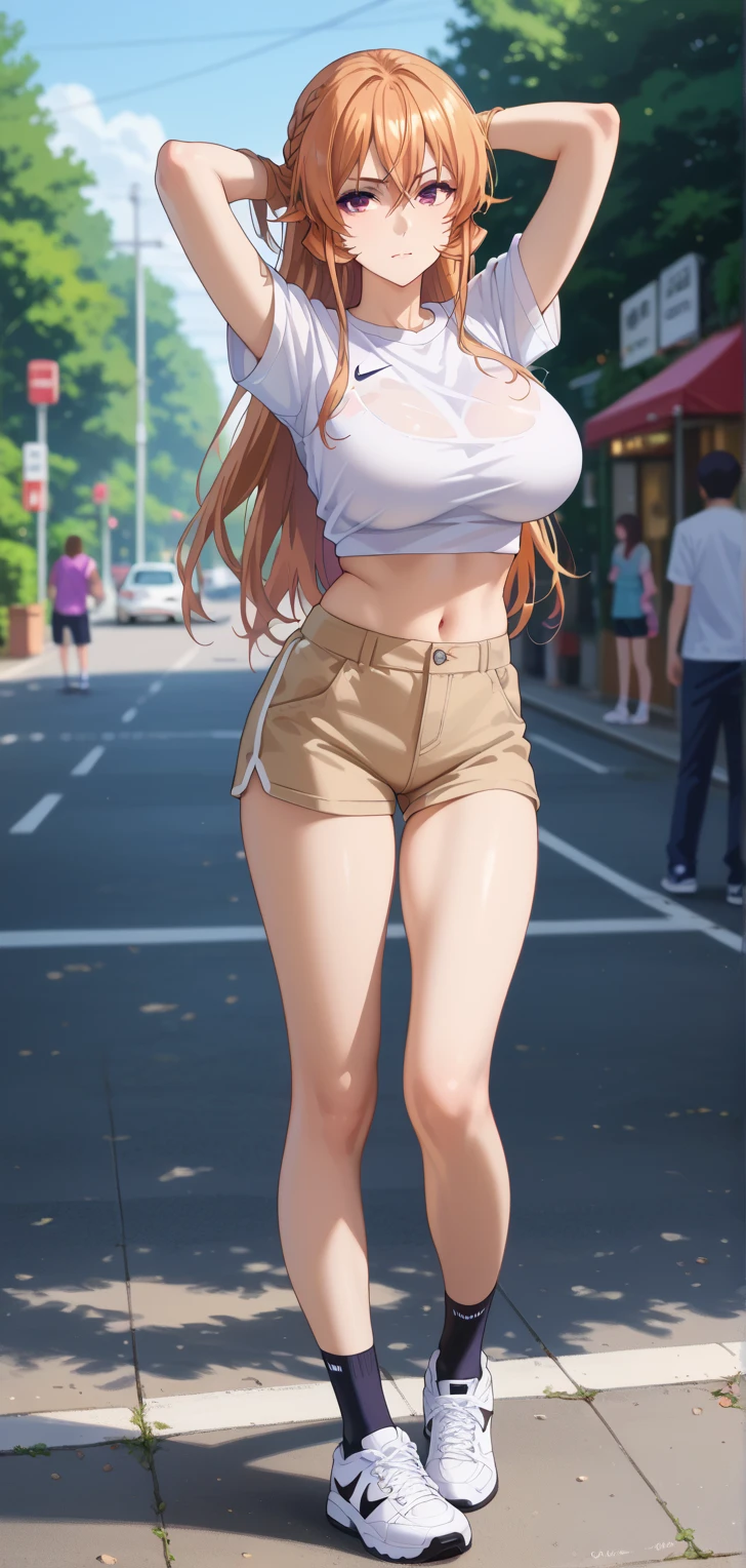 Close mouth, Mature female, fit girl, score_9, score_8_up, score_7_up, score_6_up, score_5_up, score_4_up, BREAK source_anime,1girl,erina nakiri, long hair, orange hair, hair between eyes,(purple eyes), shinny eyes,huge breasts, 1girl, socks, shirt, navel, kneehighs, braid, shoes, sneakers, solo, midriff, white_footwear, full_body, white_shirt, pants, long_hair, high-waist_pants, blurry_background, standing, arms_up, blurry, crop_top, short_sleeves, shorts, arms_behind_head, nike