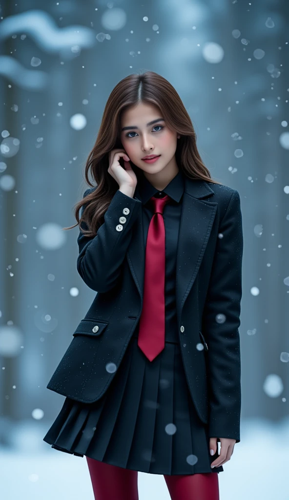 In this 8k RAW masterpiece, a young woman stands amidst a serene snowfall, surrounded by delicate snowflakes and misty atmosphere. Her dark blazer with silver buttons complements the flowing pleated skirt, while a bold crimson tie and tights add a striking pop of color against the snowy backdrop. Soft, cinematic lighting casts a bluish glow, amplifying the dreamy ambiance as iridescent particles dance around her. She's lost in thought, holding her hand to her ear with an introspective expression.