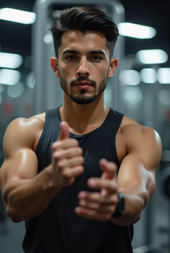 An ultra-realistic, cinematic scene of a Young Brazilian Brasilian man brown skin with medium short fade black hair and a short black beard, dark eyes, gestures to draw attention, background Modern and technological gym