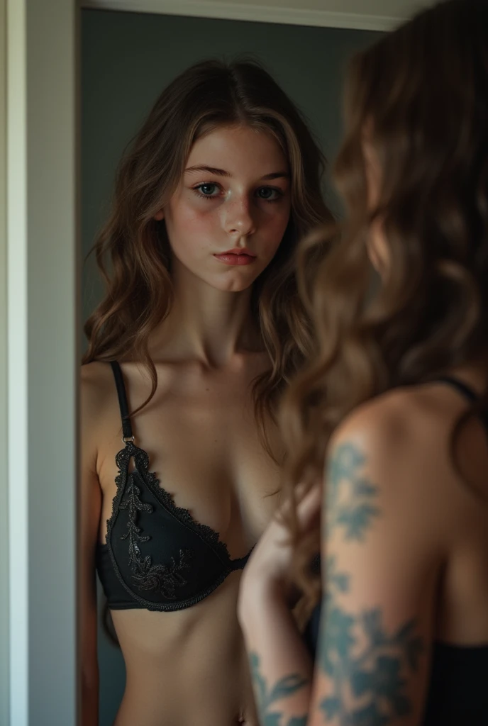 (Raw photo:1.2), (Photorealistic), Beautiful detailed girl, Very detailed eyes and face, Beautiful detailed eyes, Huge file size, High resolution, Very detailed, Best Quality, [masterpiece:1.6], Illustration, Very detailed, Fine detail, Best Quality, 32K Wallpaper, intricate details, in the painting studio, beautiful girl, marioncotillard, she is a painter painting new masterpiece, wavy hair, medium breast, sexy panties and bra, full body photo, back view