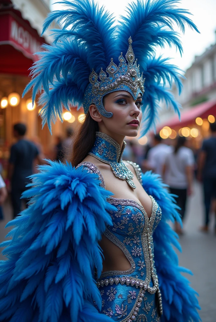 Woman in navy blue carnival costume And white with lots of feathers ...