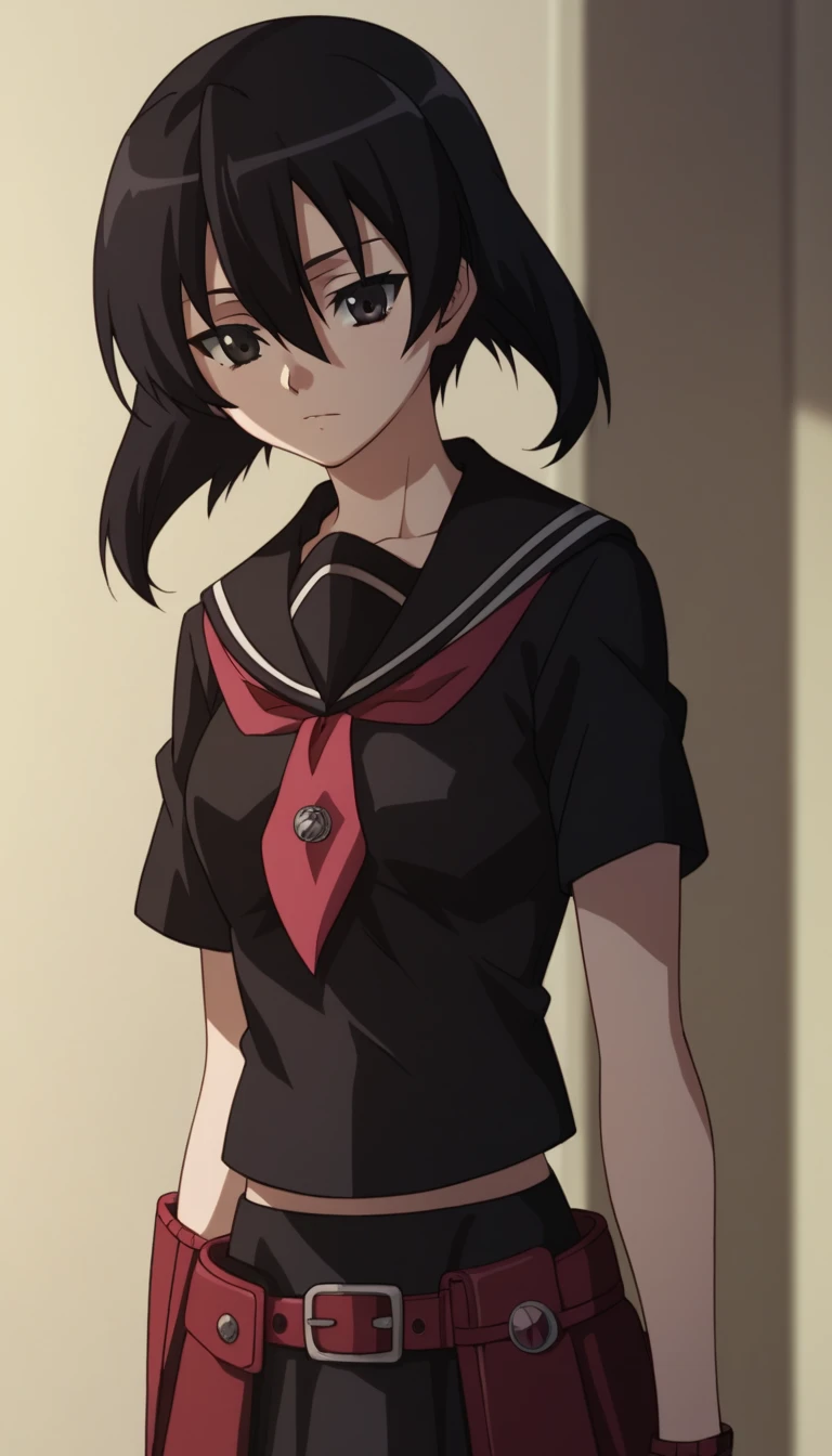 1girl,solo,kurome, short hair, black hair, black eyes, hair between eyes,skirt, school uniform, serafuku, belt, black serafuku, short sleeves, belt, black skirt, neckerchief, red neckerchief,centered shoulders up view