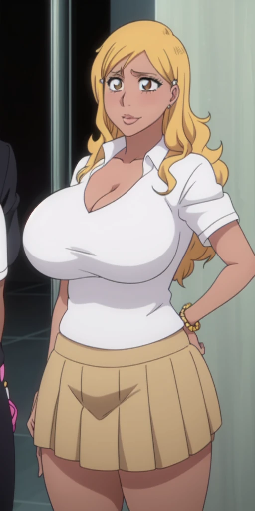 Orihime Inoue,Bleach artstyle,Big breast,Enchanted big breast,Thick lips,Circle piercing in lips,((((White shirt school uniform)))),Cleavage,(((short gray skirt)))Curvy figure,Plump,Hoopa bracelet,Long nail,Side burn visible,look at viewer,(((yellow blond color hair))),((head facing front)),High quality,Highres,Humongous big breast,visible ear,Big cleavage,light blush,Stud earring,A lot of piercing,((black Chocker)),Hyper Detail,((dark colored Skin)),((tanned Gyaru)),Crossing arm,Messy hair,Detailed lips,Colorless lips,puckered smile,unbuttoned collar shirt,mono color hair,((long wavy curly hair)),See throught leopard print bra,Half eyes open,Solo,1girl,light blush,Glossy lips,((Himecut bang hair)),flirty,Enchanted big breast,