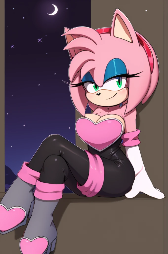 Score_9, score_8_up, 2D, flat color, looking at viewer, (1girl), (solo), very detailed, extremely detailed, Amy Rose from the sonic the hedgehog series, portrait, smile, looking at viewers, hair down, hair bangs, large bust, milf, Rouge cosplay, cosplay, Rouge outfit, she wears a black skin-tight and strapless low-cut jumpsuit, a pink heart-shaped chest plate outlined with thin white trim, elbow-length white gloves and thigh-high high-heeled boots with pink cuffs to match them, with the latter featuring both gray soles and heels, along with steel toes in the appearance of pink hearts, sitting on a green chair with her legs crossed, over by a window near to a a bright full moonlight
