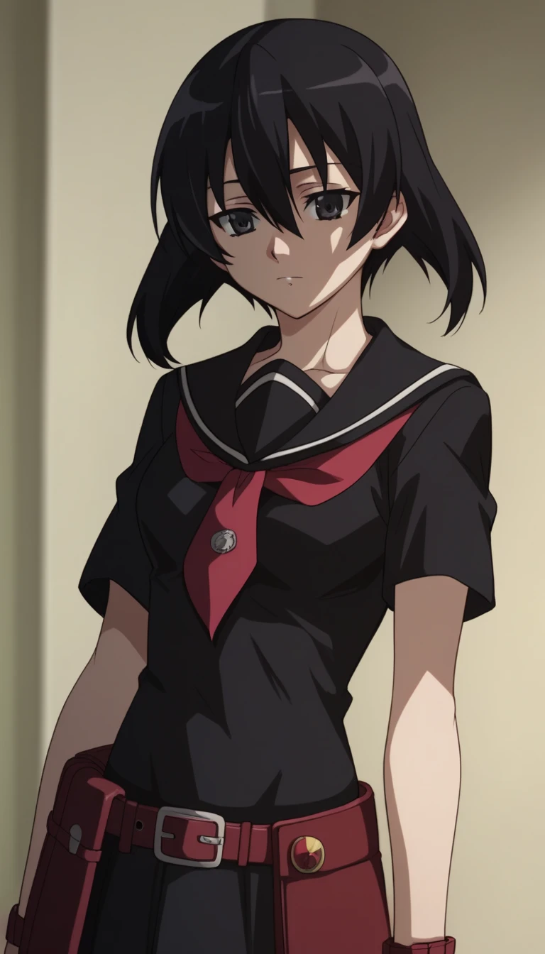 1girl,solo,kurome, short hair, black hair, black eyes, hair between eyes,skirt, school uniform, serafuku, belt, black serafuku, short sleeves, belt, black skirt, neckerchief, red neckerchief,top half of body