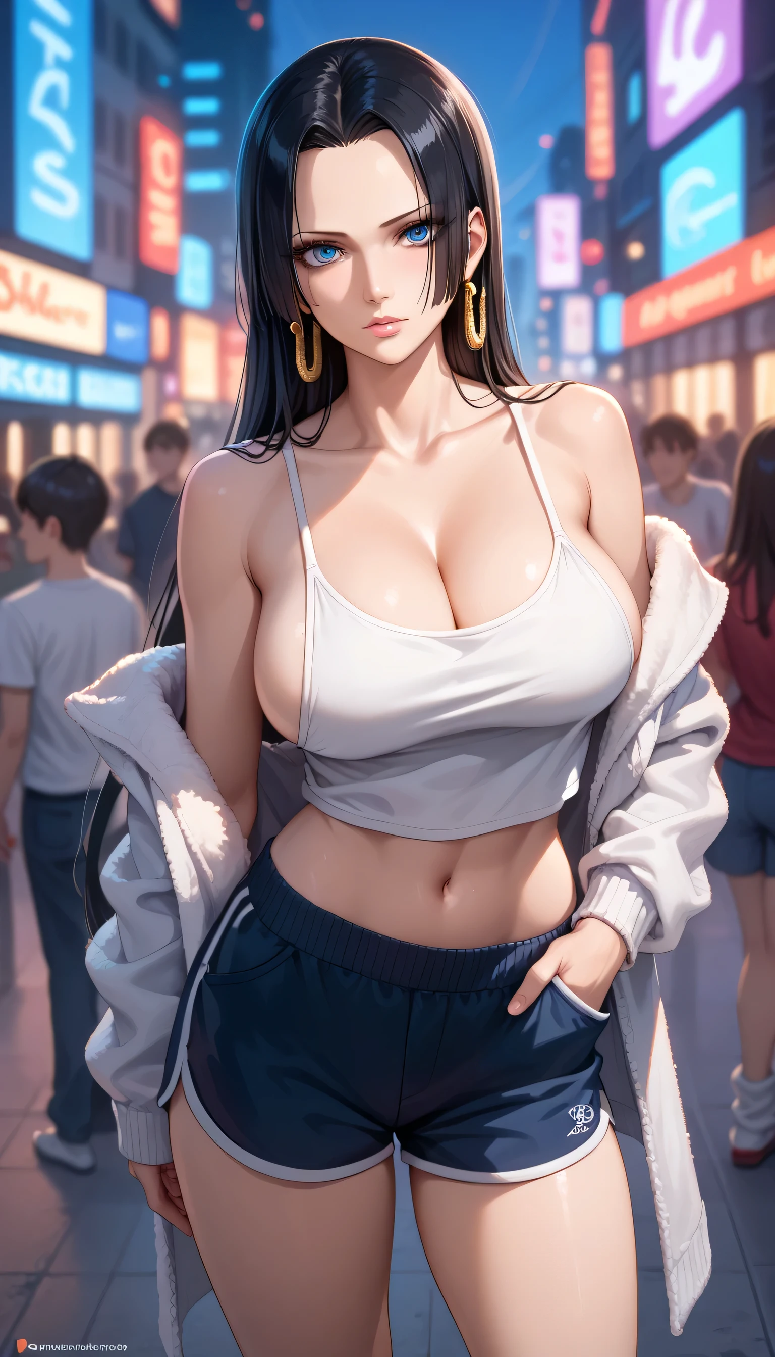 Milf, motherly, Fitgirl, Score_8_up, Score_7_up,  break, Best Quality, Beautiful Skin, Boa Hancock, Black Hair, blue eyes, Long Hair, forehead, Large Breasts, Staring at the viewer, loose grey camisole, side boob, navel, cleavage, collarbone,bare shoulders, Balck dolphin shorts, hand on pocket, Socks, long loose socks, city view at midnight, standing in the crowd, blurry backgrounds, Sensual pose In the middle of the red light,