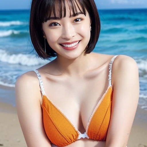  white sand beach with the sea in the background、Standing on the edge of the wave、Dark Night、Orange Sky、Sunset background、cute、 high school girl、、 Babyhite bra 、  Black Panties、Unbalanced underwear、 Sheer Underwear 、Small underwear、 wet see-through underwear 、 big full breasts、Slender、 big chest thin waist、 very short hair、 lesbian with full body 、top-quality、8k、No makeup、​masterpiece、 ultra high resolution、 photorealistic、smile、Big Eyes、 Hosts 、Show your armpit hair、