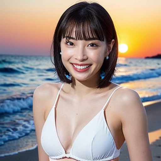  white sand beach with the sea in the background、Standing on the edge of the wave、Dark Night、Orange Sky、Sunset background、cute、 high school girl、、 Babyhite bra 、  Black Panties、Unbalanced underwear、 Sheer Underwear 、Small underwear、 wet see-through underwear 、 big full breasts、Slender、 big chest thin waist、 very short hair、 lesbian with full body 、top-quality、8k、No makeup、​masterpiece、 ultra high resolution、 photorealistic、smile、Big Eyes、 Hosts 、Show your armpit hair、