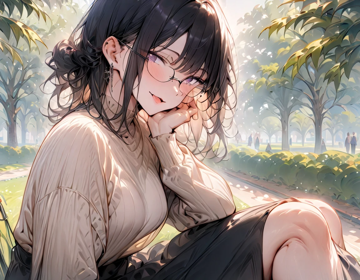 (masterpiece, best quality, super detailed:1.6),( anatomically correct), portrait,( mature woman with dark hair ,Medium-long hairstyle,Large black-rimmed glasses ,whole body),Date at the park , has a smiling face , tongue, beige knit and black long skirt,Sitting with knees,(Small breast size)