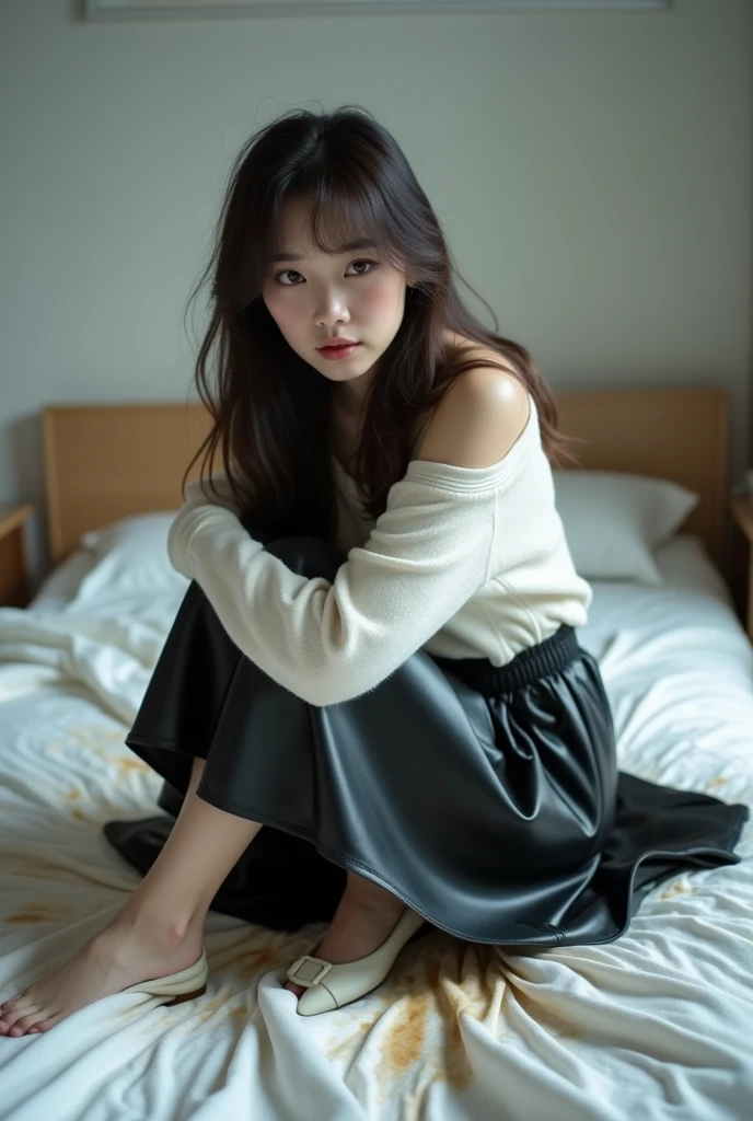 A beautiful lady, asian, Japanese,
Long hair, medium height,
Lying flat on a dirty bed in a old bedroom,
Wearing a white sweater,
Wearing a black leather big a-line circle full long full skirt ankle length edge with scratched and damaged,
No shoes,
whole body photo, full body image,
Up camera view,
High resolution, HD Photo,
photographs, photo, real style, 600dpi