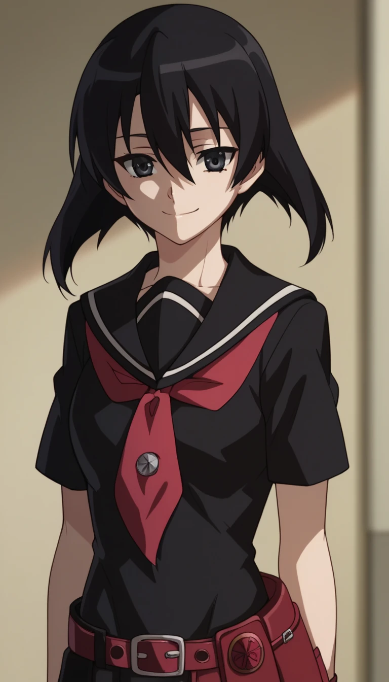 1girl,solo,kurome, short hair, black hair, black eyes, hair between eyes,skirt, school uniform, serafuku, belt, black serafuku, short sleeves, belt, black skirt, neckerchief, red neckerchief,smile face,centered shoulders up view, upper body visible,upper torso,upper body portrait , top half of body