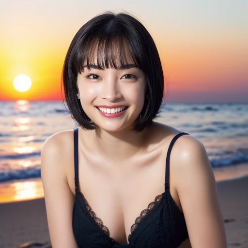  white sand beach with the sea in the background、Standing on the edge of the wave、Dark Night、Orange Sky、Sunset background、cute、 high school girl、Teen、 Baby Face 、 white bra 、  Black Panties、Unbalanced underwear、 Sheer Underwear 、Small underwear、 wet see-through underwear 、 big full breasts、Slender、 big chest thin waist、 very short hair、 lesbian with full body 、top-quality、8k、No makeup、​masterpiece、 ultra high resolution、 photorealistic、smile、Big Eyes、 Hosts 、Show your armpit hair、