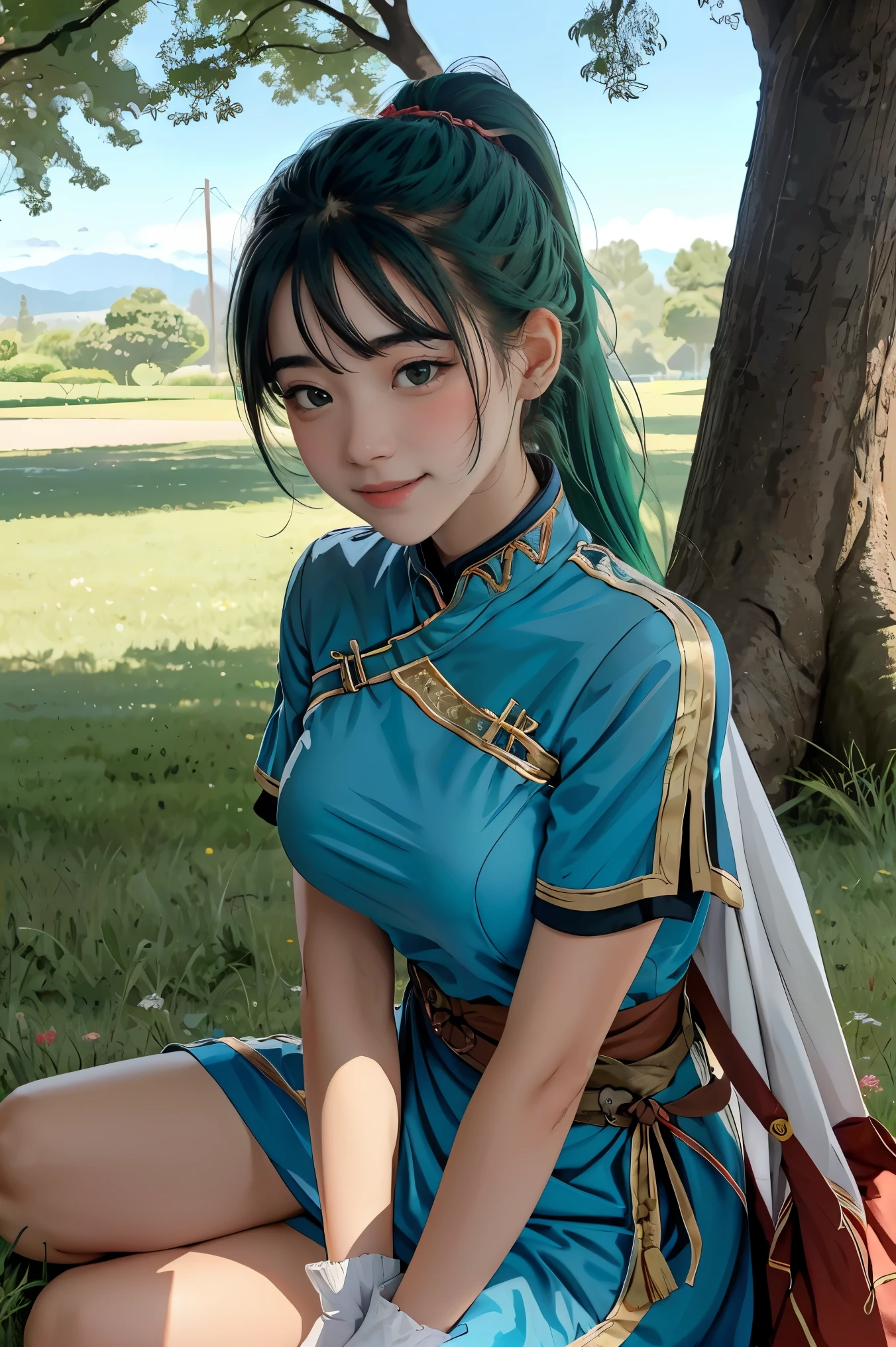 (masterpiece, best quality),  intricate details,
1girl,   lyn_(fire_emblem), 1girl, solo, ((green hair)), long hair, green eyes, high ponytail, blue dress, large breast, jewelry, fingerless gloves. hair ornament, lyn_(fire_emblem),
I am seated confidently with my arms around my knees in a sunny meadow, enjoying a picnic. Under the shade of a tree, I savor a delicious lunch from plates, fully embracing the moment's happiness.