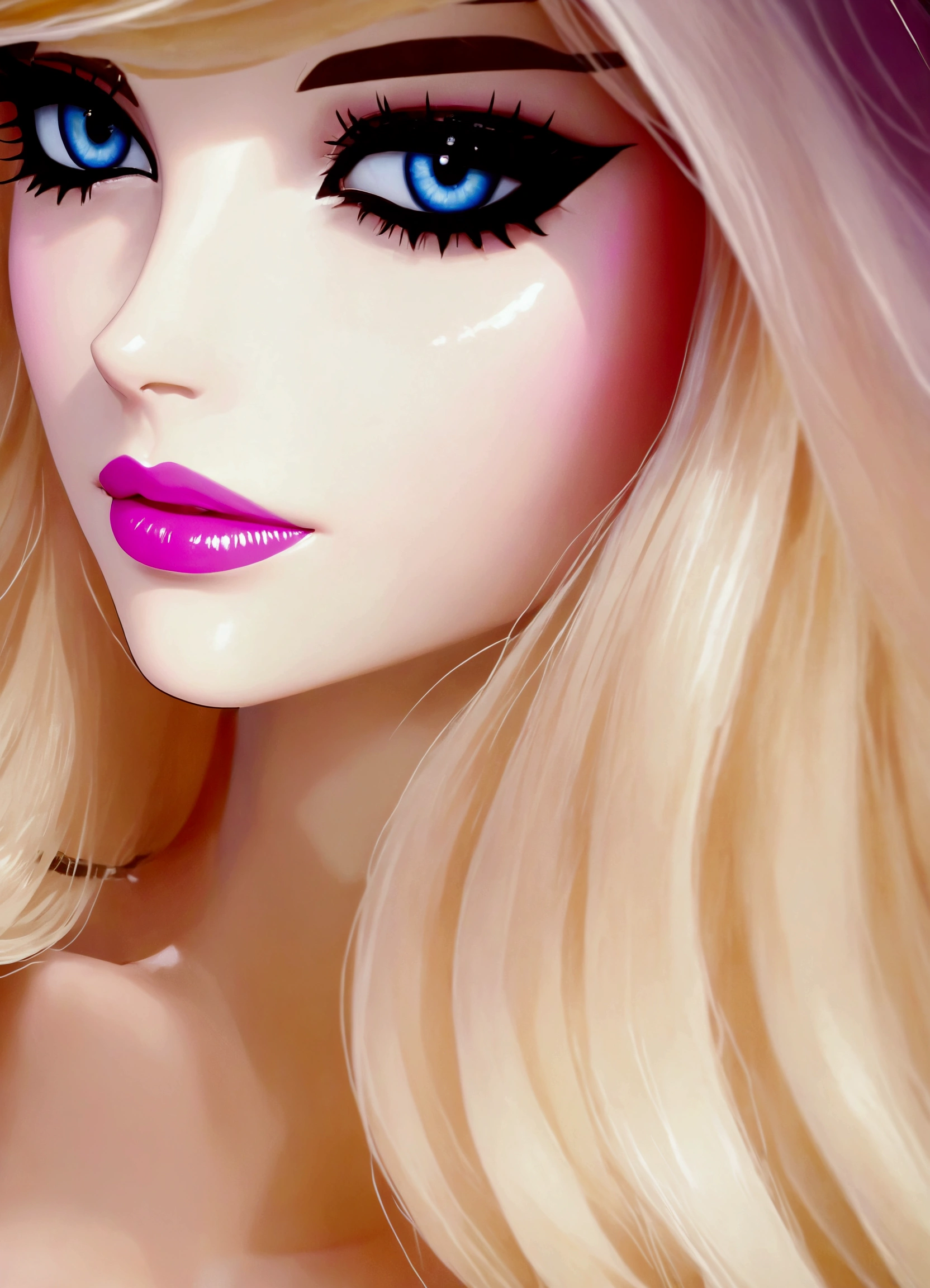 barbie doll with blonde hair and blue eyes and pink lips, portrait of barbie doll, barbie doll, doll face, china doll face, long blonde hair and large eyes, plastic barbie doll, blonde hair and large eyes, anime barbie doll, face up, long blonde hair and big eyes, face - up, portrait of kim petras, barbie, ball jointed doll