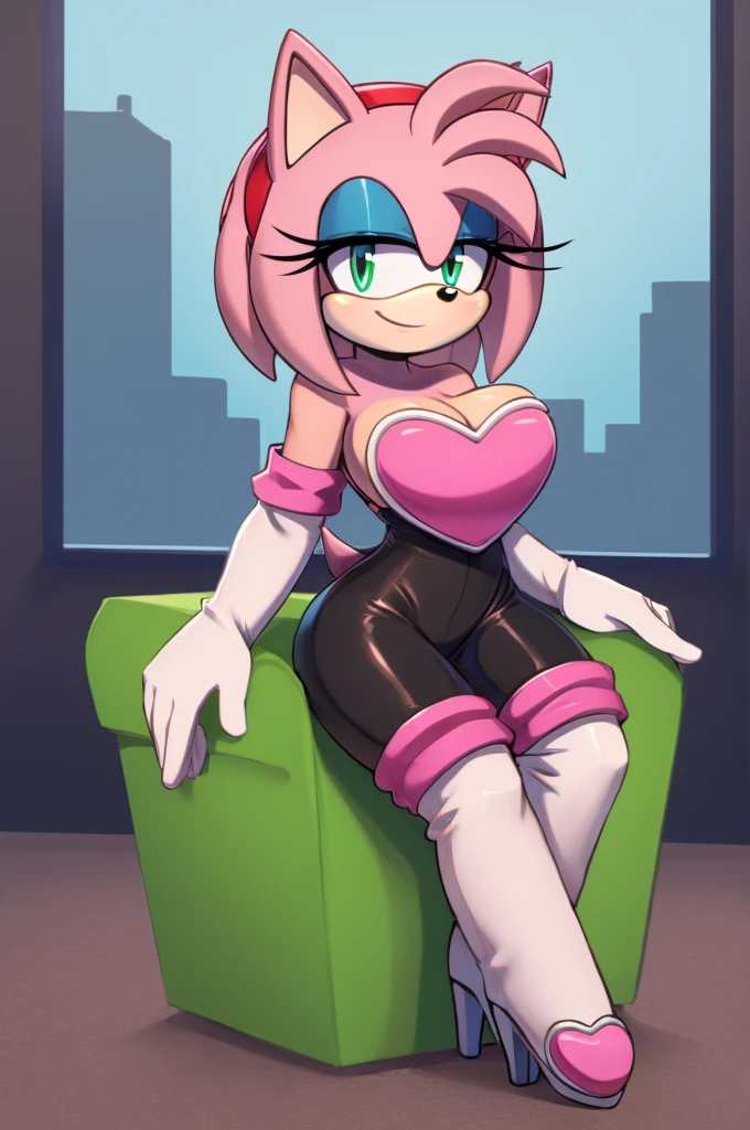 Score_9, score_8_up, 2D, flat color, looking at viewer, (1girl), (solo), very detailed, extremely detailed, Amy Rose from the sonic the hedgehog series, portrait, smile, looking at viewers, hair down, hair bangs, large bust, milf, Rouge cosplay, cosplay, Rouge outfit, she wears a black skin-tight and strapless low-cut jumpsuit, a pink heart-shaped chest plate outlined with thin white trim, elbow-length white gloves and thigh-high high-heeled boots with pink cuffs to match them, with the latter featuring both gray soles and heels, along with steel toes in the appearance of pink hearts, sitting on a green chair with her legs crossed, a window near to a a bright full moonlight