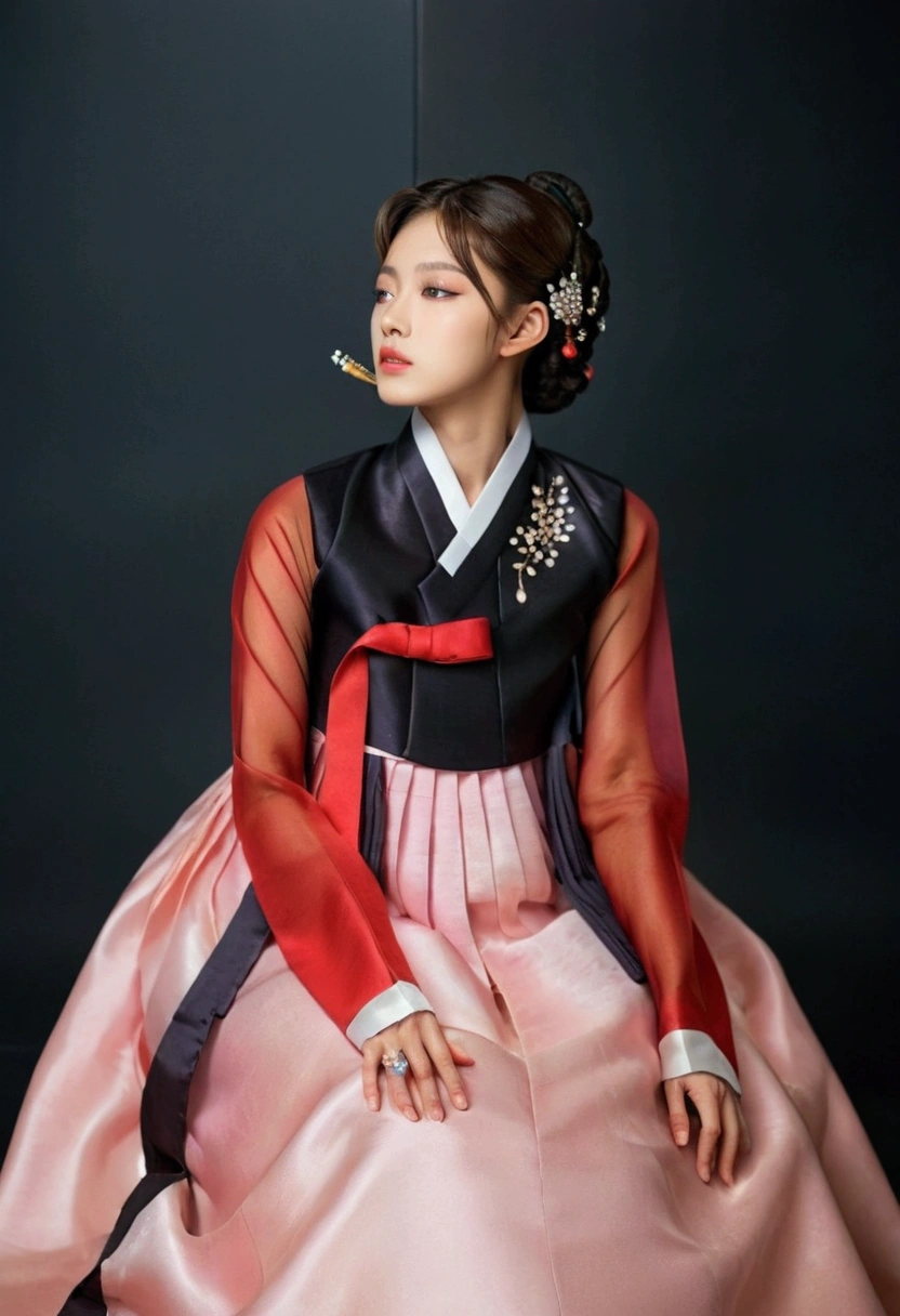  Korean male wearing hanbok ,  hello crossdresser ,  His face and hairstyle are very masculine, Pearl , sexy women's hanbok dress costume, women's breasts,  red and black,  slim female body , Sexy see-through jacket , Satin , Slightly side , Full body photo,  sit quietly 