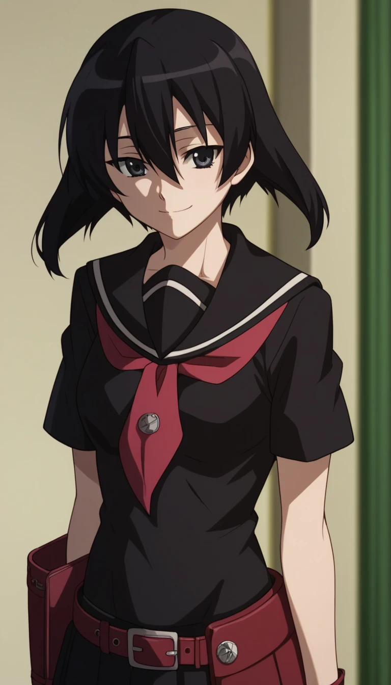 1girl,solo,kurome, short hair, black hair, black eyes, hair between eyes,skirt, school uniform, serafuku, belt, black serafuku, short sleeves, belt, black skirt, neckerchief, red neckerchief,smile face,centered shoulders up view, top half of body