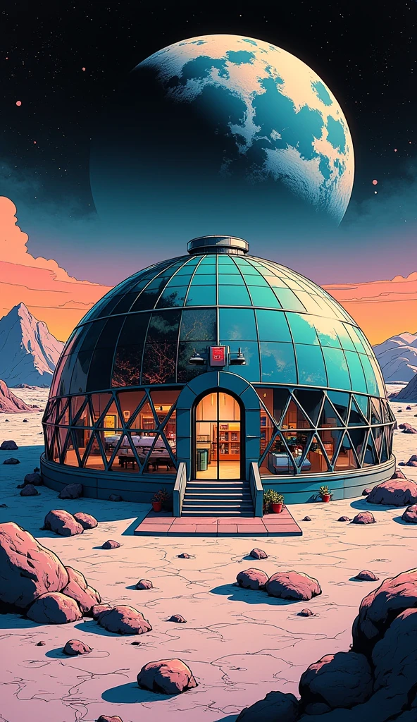 a spherical glass dome on the moon drawn in the style of synthwave. glass dome has triangular glass panels that forms the hemispherical shape. acts as a moon base for astronauts. inside the dome, small farm can be seen. there is also a small building inside the glass dome. earth can be seen in the sky.