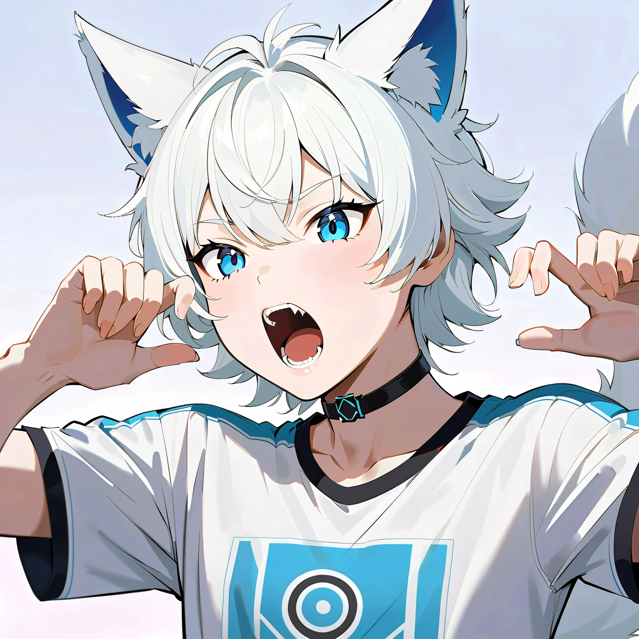 1 adult anime style boy, short white hair, with white fox tail and ears, wearing a Cloud9 e-sports team jersey, with a black choker, 4k, flawless, detailed, best quality, cute, opening his mouth with his hand showing his fangs, perfect hands, without errors (cute pose)