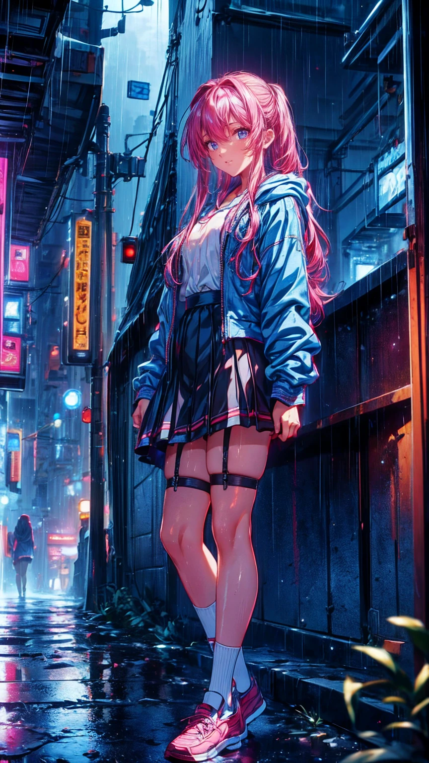 8k，masterpiece， best quality， Hyperdetailing ，Realistically，Realistically， very detailed face in light blue underwear， Movie Lighting， Movie Lighting，，Hair without lighting ，  cloudy street ，Corner Store，Stairs stop ， torrential rain and heavy rain ，  girl with long pink hair and dark eyes ，smile， she's wearing a red hooded jacket， hooded ，white blouse ， black short skirt and black garter belt ， Martin shoes ，Rain-soaked clothes， black exposure ， outdoor deep tent  ，
