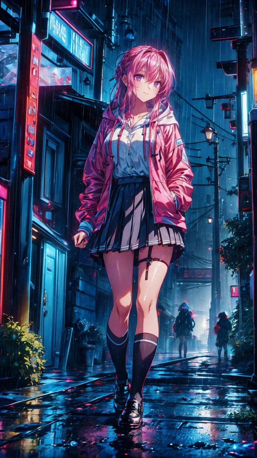 8k，masterpiece， best quality， Hyperdetailing ，Realistically，Realistically， very detailed face in light blue underwear， Movie Lighting， Movie Lighting，，Hair without lighting ，  cloudy street ，Corner Store，Stairs stop ， torrential rain and heavy rain ，  girl with long pink hair and dark eyes ，smile， she's wearing a red hooded jacket， hooded ，white blouse ， black short skirt and black garter belt ， Martin shoes ，Rain-soaked clothes， black exposure ， outdoor deep tent  ，
